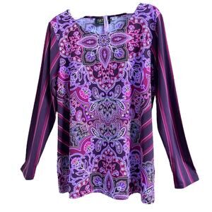 Bob Mackie Purple Paisley Striped Sleeve Top size Small